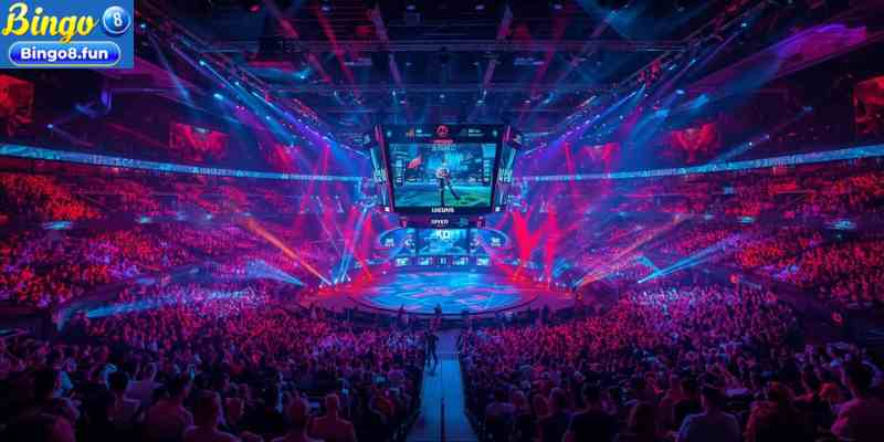 League of Legends esports arena with live match statistics